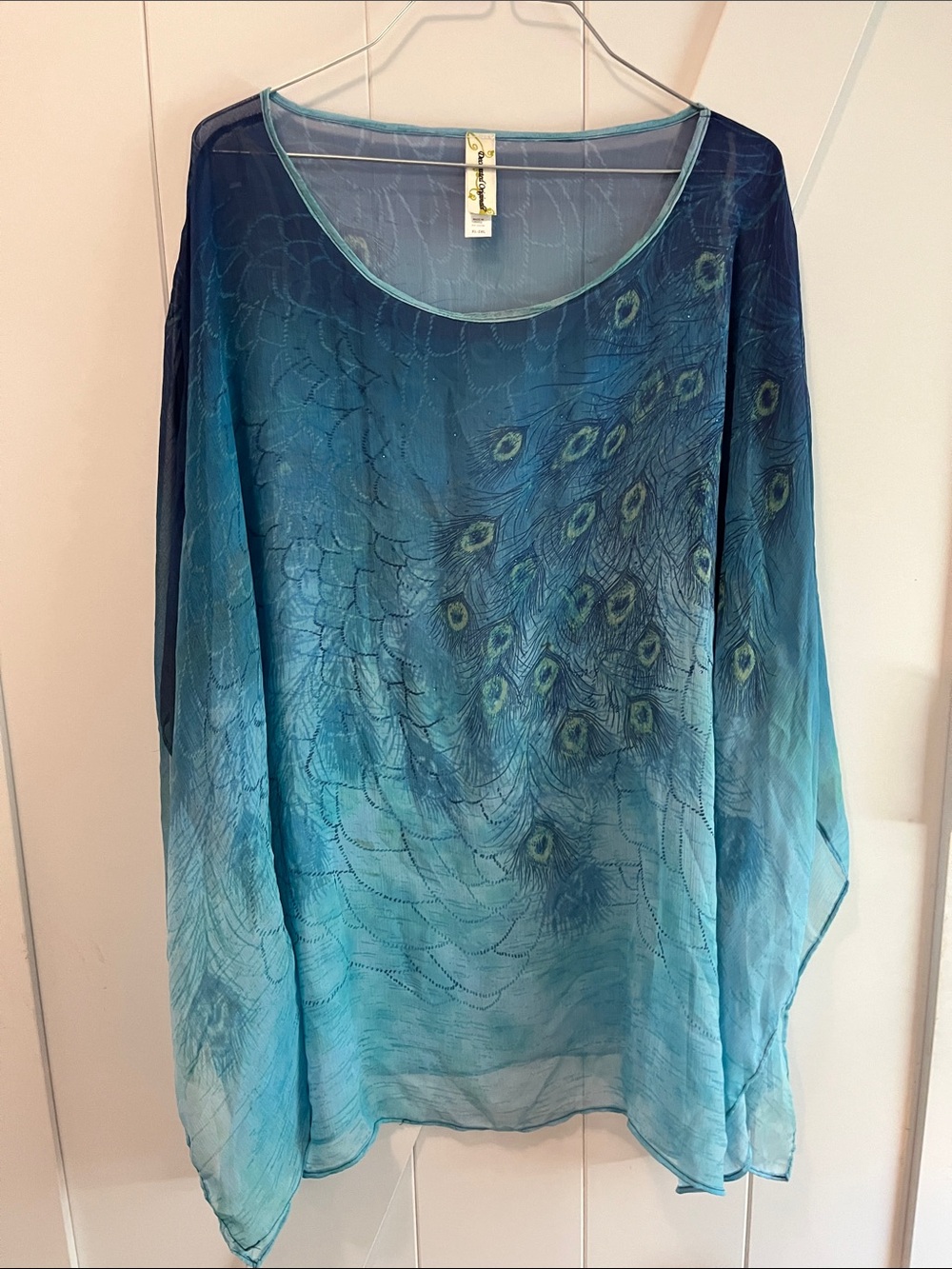 Sheer Peacock-Print Tunic Top - Teal Blue